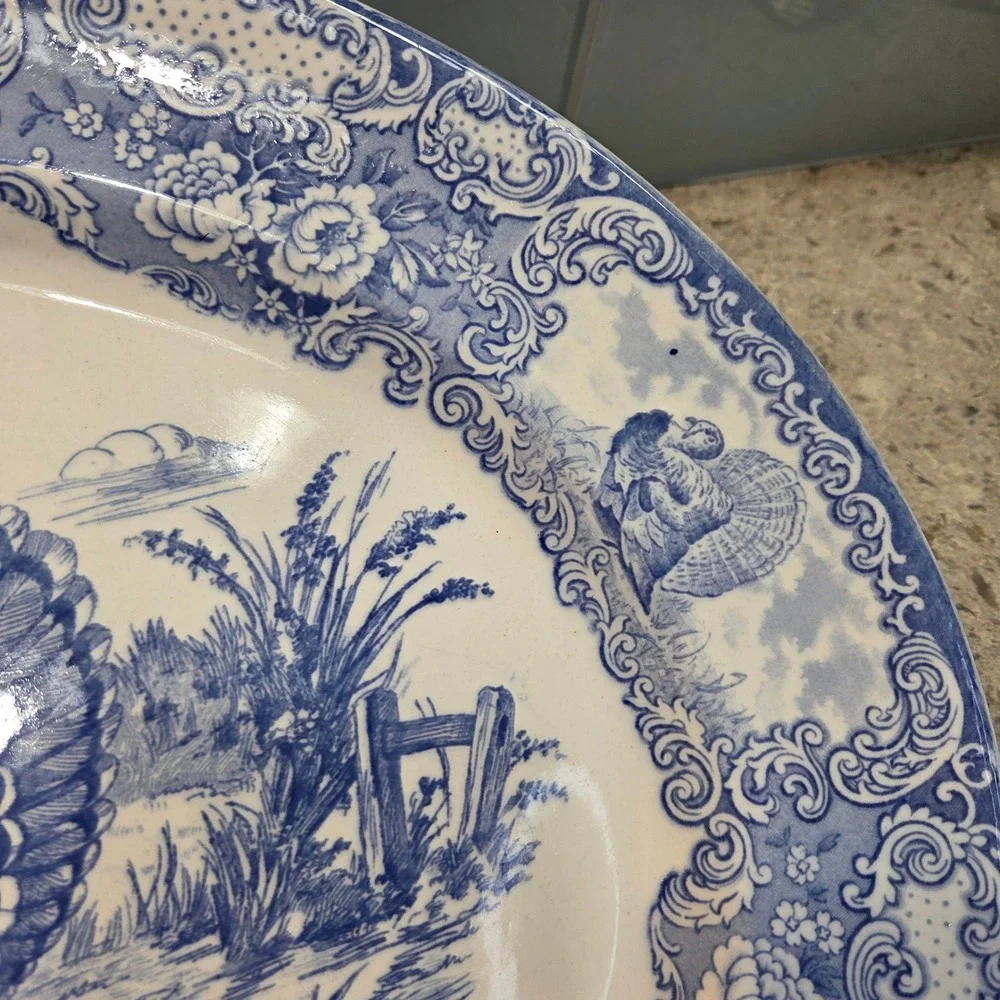 Vintage Blue White Turkey Transferware Oval Serving Platter Thanksgiving Harvest